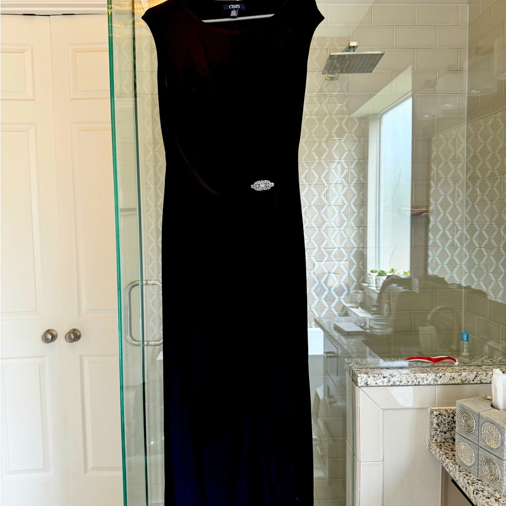 Long black dress with rhinestone detail at waist